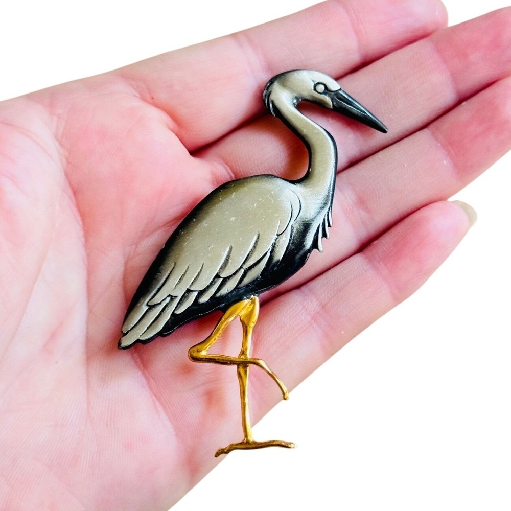 VTG Shields Pewter Stork Bird Pin Brooch two tone large Designer Rare Signed